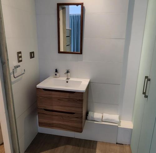 安加罗阿Apart Hotel Rapa Nui的一间带水槽和镜子的浴室