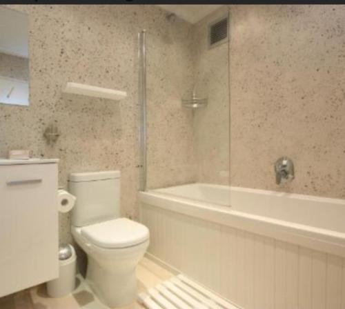 赫曼努斯Time To Unwind Unit 35的浴室配有卫生间、淋浴和浴缸。