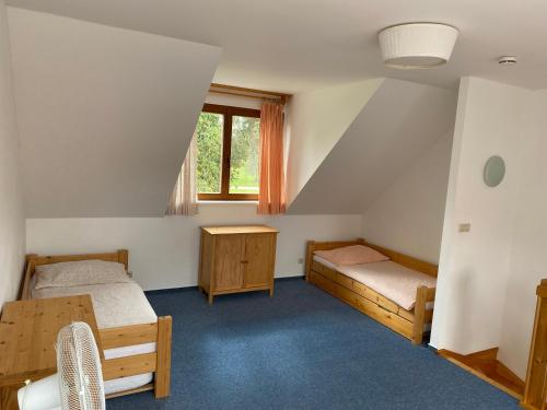 StříbřecApartmány Za humny的客房设有两张床和窗户。