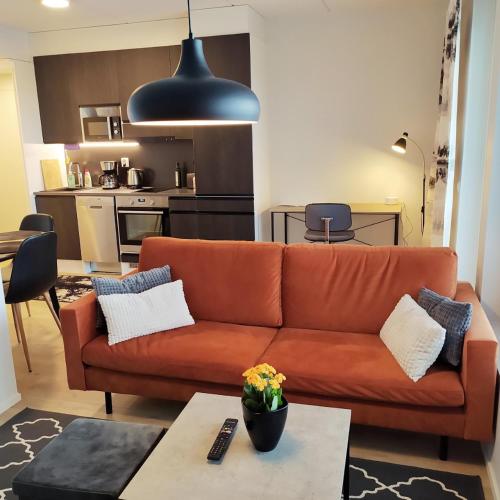 塞伊奈约基Ihana uusi huoneisto, hyvällä sijainnilla的一间带橙色沙发的客厅和一间厨房