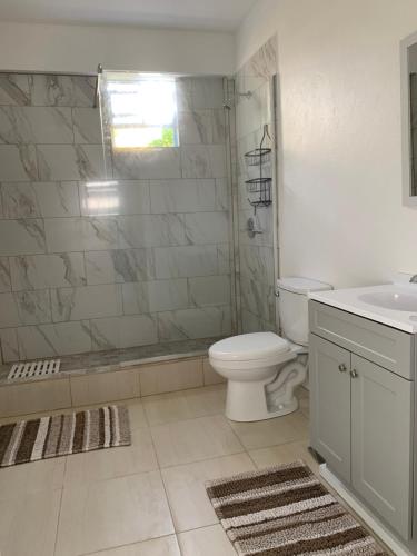 格罗斯岛Kay Nou Apartments的浴室配有卫生间、淋浴和盥洗盆。