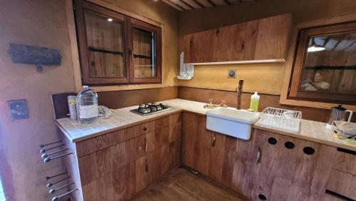 MirwartLa Grenouillette的一个带木制橱柜和水槽的厨房