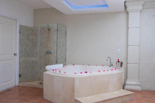 蓬塔卡纳Aparthotel Castillo Real的大型浴室设有浴缸和淋浴。
