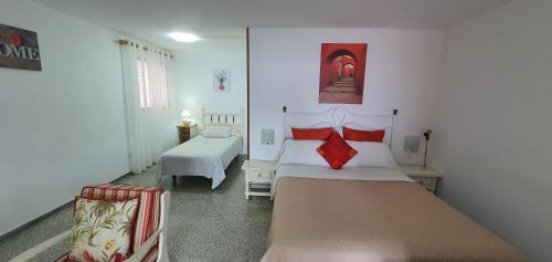 EchedoAPARTAMENTO LOS CACTUS的一间卧室配有两张床和一张沙发。