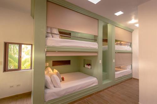 坎昆Azcapri Villa Boutique & Spa的客房设有四张双层床和窗户。