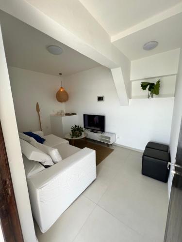 里约热内卢Casa Marambaia 2的白色的客厅配有白色的沙发和电视