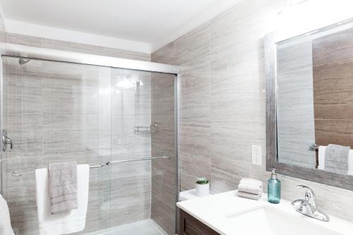 渥太华Modern, Luxurious Apartment near Downtown Ottawa的带淋浴、盥洗盆和镜子的浴室