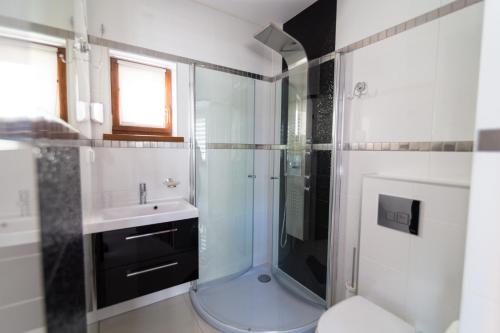 图拉瓦Zatoczka Turawa的一间带玻璃淋浴和水槽的浴室