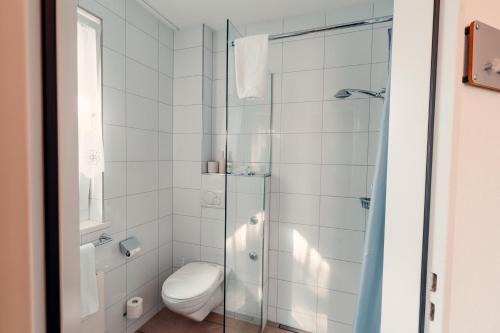 卢特巴赫Hotel Rössli Luterbach的一间带卫生间和玻璃淋浴间的浴室