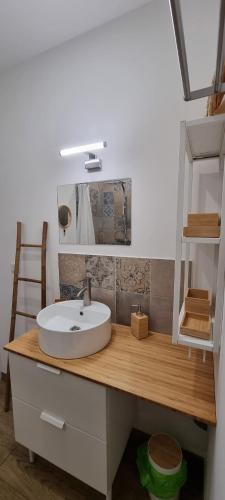 ChâteaubourgAppartement chaleureux en Ardèche的木制柜台上带白色水槽的浴室