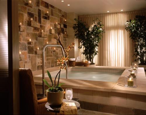 圣安东尼奥莫卡拉Spa酒店的一间带植物浴缸和桌子的浴室