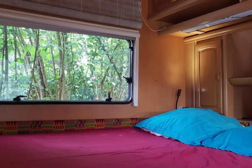 米米藏L'hermitage d'Apollon au sein d'un jardin forêt près de l'océan的一张位于带大窗户的房间内的床铺
