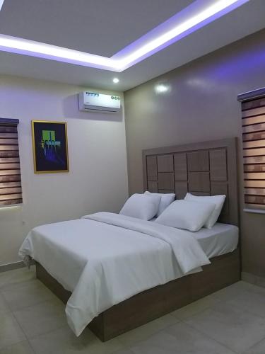 拉各斯MITOS LUXURY SUITES (BODE THOMAS)的卧室配有一张带白色床单和枕头的大床。