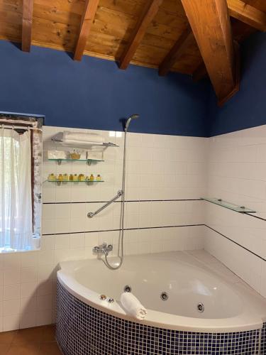 SarreausAldea Couso Rural的带浴缸的浴室和蓝色的墙壁