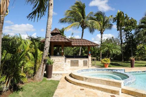 La Puntica de Juan DolioNew Sunny Villa With Pool Metro Country Club Juan Dolio的一个带凉亭和棕榈树的游泳池