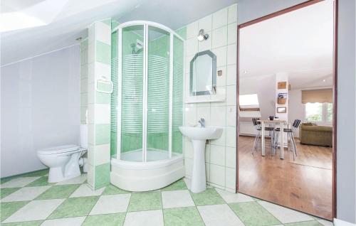 达尔沃沃Cozy Apartment In Darlowo With Kitchen的带淋浴、盥洗盆和卫生间的浴室