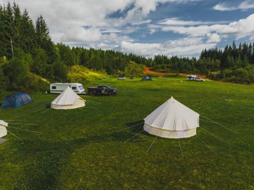 塞尔福斯Golden Circle Tents - Glamping Experience的一群在草地上带车的帐篷