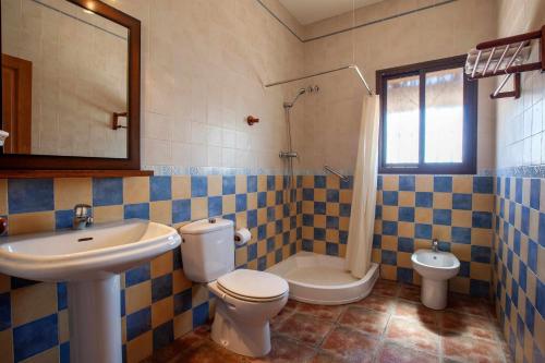IznateCasa Mirador Las claras Con Piscina privada jardin y AireAcodicionado的蓝色和白色的浴室设有水槽和卫生间