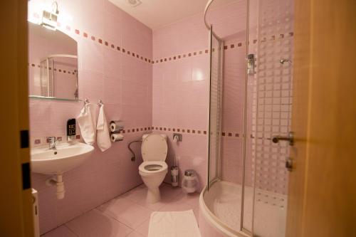 卢切内茨Hotel Clavis的浴室配有卫生间、盥洗盆和淋浴。