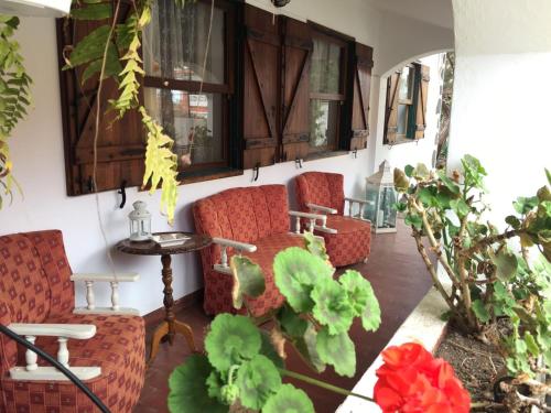大加那利岛拉斯帕尔马斯La Casita de Las Palmas VV的门廊,带两张椅子和一张桌子,还有一些植物