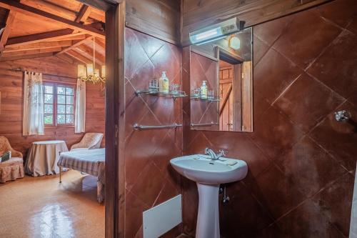 桑塔纳Villa Achada da Mouca by Madeira Sun Travel的浴室配有盥洗盆和带镜子的淋浴