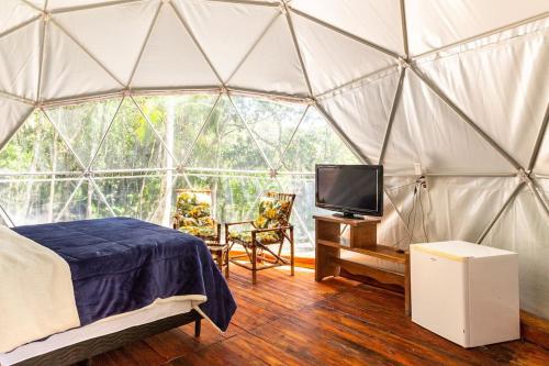 茹基蒂巴Jângala Glamping Natureza的冰屋中设有一张床和电视的房间