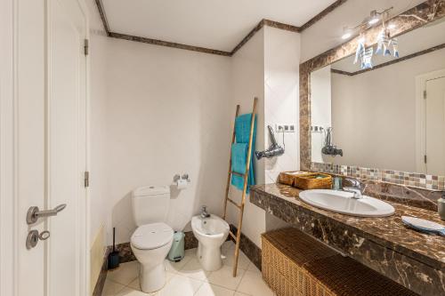丰沙尔Atlantic Ocean View Apartment的一间带水槽、卫生间和镜子的浴室