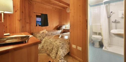 坎波多尔奇诺Casa Alpina San Luigi的浴室设有两张床、一个水槽和厕所