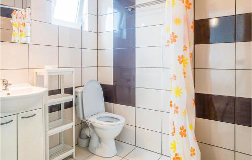达尔沃沃Dom Szeregowy的浴室设有卫生间、水槽和淋浴帘
