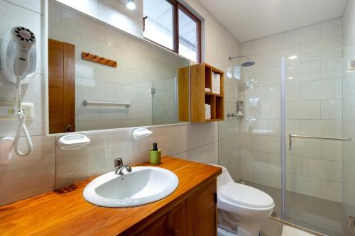 阿约拉港Plaza Luna Suites的一间带水槽、卫生间和淋浴的浴室