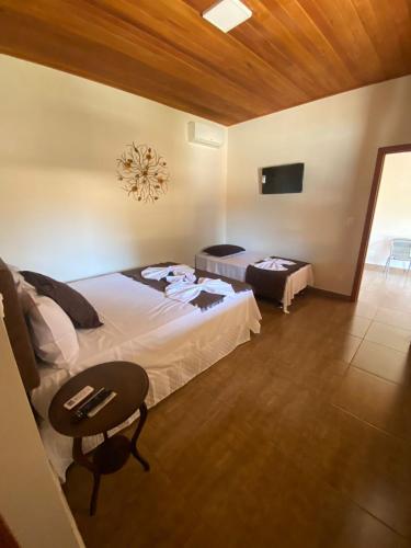 圣安娜杜里亚舒Pousada Cipó Cana的一间卧室配有一张床、一张桌子和一台电视。