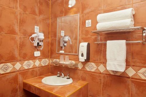 普诺普诺标准卡萨安迪娜酒店的浴室配有盥洗盆、镜子和毛巾