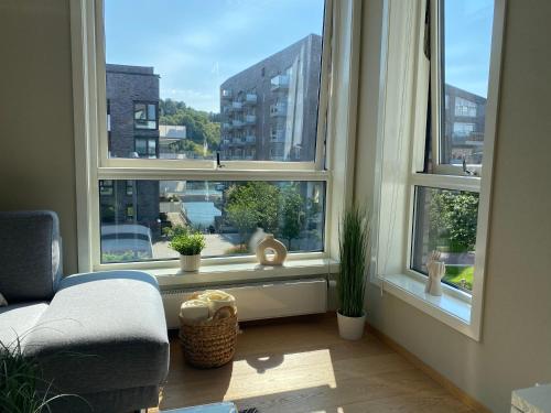 奥斯陆City Center (2bedroom/1bath/Balcony) Sørenga的客厅设有3扇带盆栽的窗户