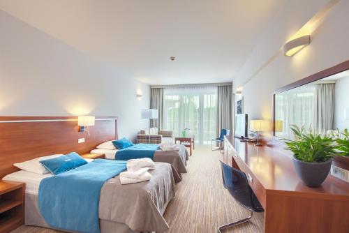科沃布热格伊卡尔广场酒店的酒店客房设有三张床和电视。
