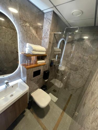 TõrvaTõrva Veemõnula Spaahotell的带淋浴、卫生间和盥洗盆的浴室