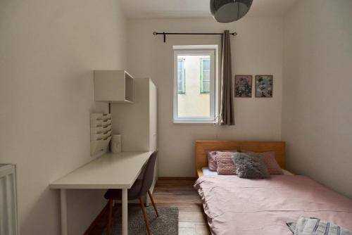 布达佩斯Dembi at the Great City Park的一间卧室配有书桌、床和窗户。