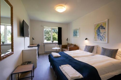 斯坎讷堡斯堪德伯豪斯酒店的酒店客房,设有两张床和镜子