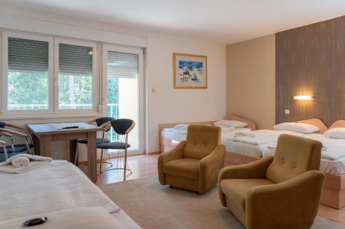 巴拉顿菲赖德BALATONAIR Vendégház的酒店客房带两张床、一张桌子和椅子。