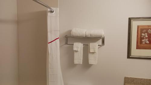 米德兰Red Roof Inn & Suites Midland的带淋浴和白色毛巾的浴室
