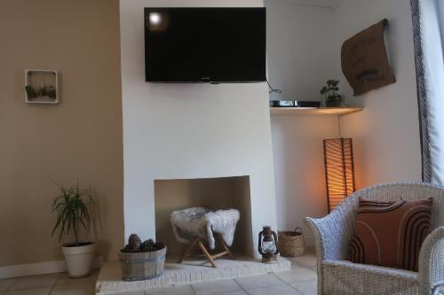 米米藏Côté lac的客厅设有壁炉和平面电视