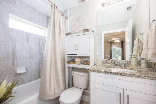 坦帕Modern Luxury Home Located in Tampa!的浴室配有卫生间、盥洗盆和淋浴。