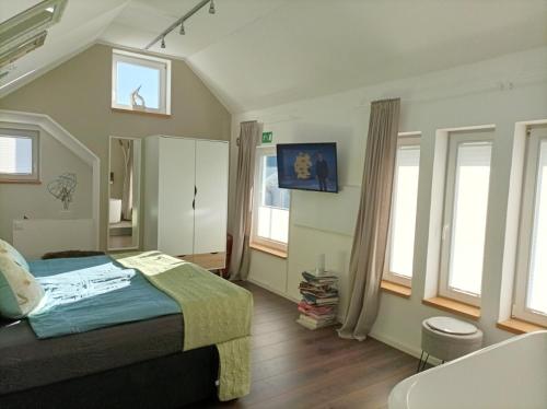 温特贝格Küken Winterberg的一间卧室设有一张床和一些窗户。