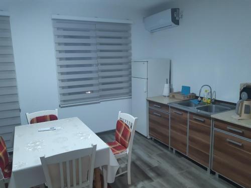 KrževićiAS guesthouse的厨房配有白色的桌椅和水槽