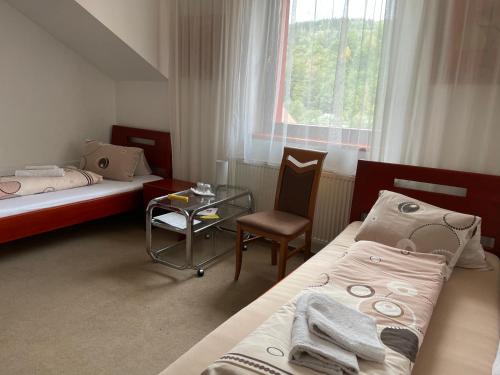 奥什恰德尼察HM膳食旅馆的客房设有两张床、一张桌子和一扇窗户。