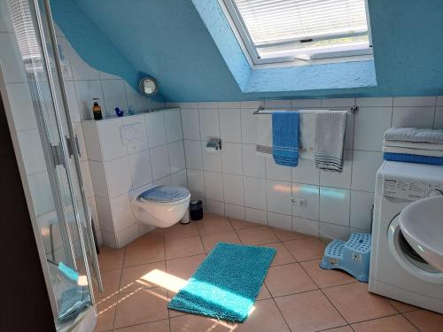内托芬Wohnung zum Wohlfühlen的带淋浴、卫生间和盥洗盆的浴室