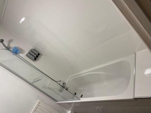桑德兰The Vacationers - Pvt Rooms with Shared Bath的白色的浴室设有天花板上的玻璃架
