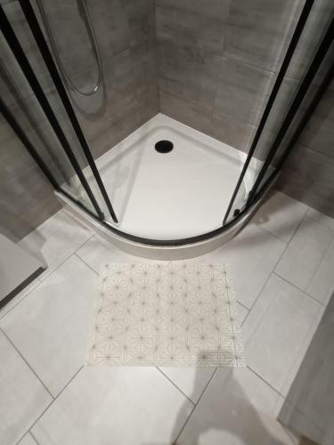 奥斯威辛Queens house的浴室里设有白色地板和排水沟的淋浴