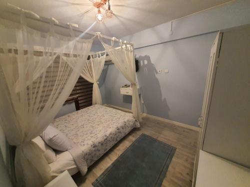 卡特佩BEYAZEV BUTİK OTEL MAŞUKİYE的一间卧室配有一张带蚊帐的床