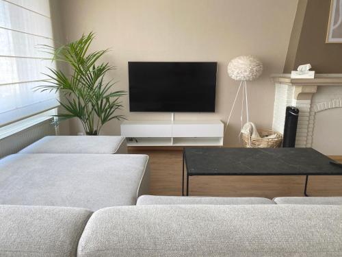 安特卫普Cosy and Fully Equipped Apartment near Antwerp的客厅配有2张沙发和1台平面电视