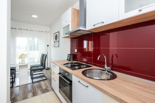 普洛切Apartment Tina的一个带水槽和红色墙壁的厨房